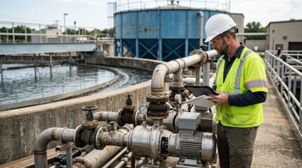 Plakat Civil engineer inspecting pumps, ductile iron pipes, clarifier, and reservoir tank at a municipal water treatment plant