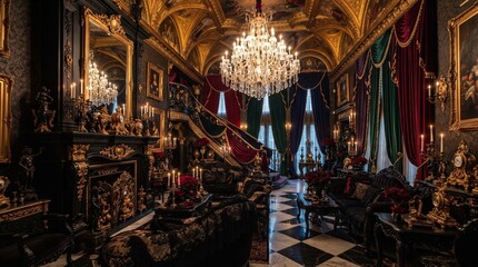 Naklejka premium Opulent Baroque Interior with Grand Chandelier and Ornate Decor.