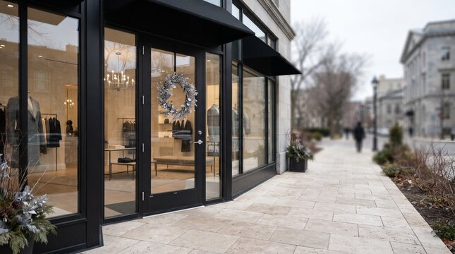 Exterior of a boutique shop with a wreath in the window during wintertime