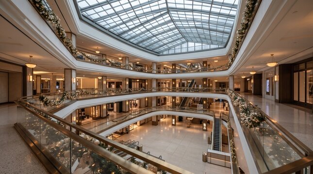 Interior view of a multi-level shopping mall decorated for the winter holidays with garland