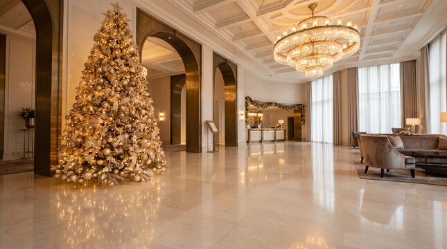 Luxurious hotel lobby decorated for christmas with a golden tree and elegant chandelier