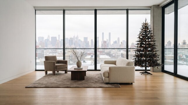 Modern living room interior with christmas tree and expansive city view through large windows