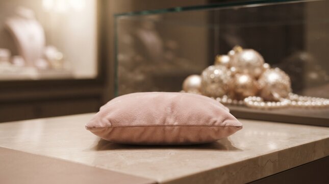 Pink velvet cushion on marble surface in elegant interior design display