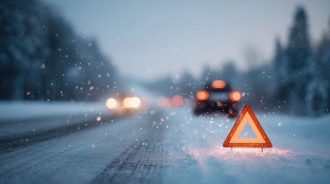 A triangular winter hazard warning sign stands on a snowy roadside. Light snow falls in a cold blue hour. Cars pass by, creating tire tracks on the icy road