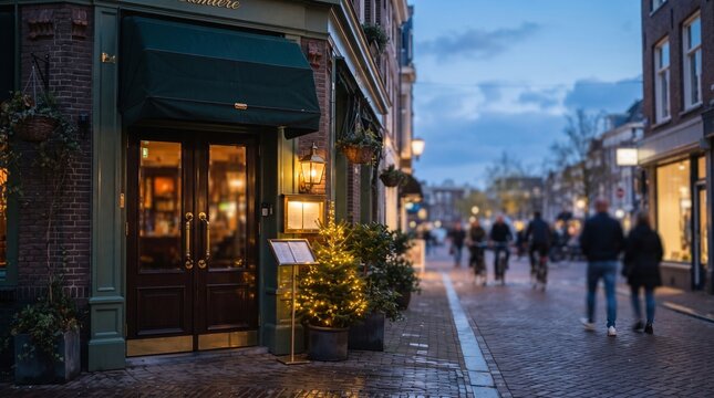 Traditional european storefront with green awning and illuminated menu board on a city street