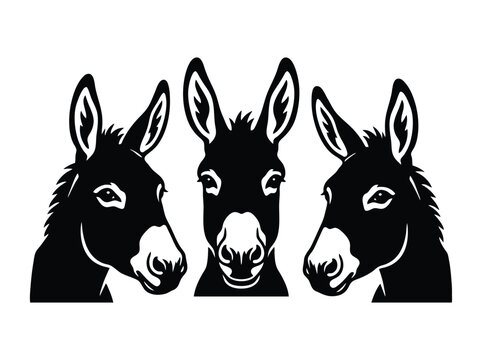 Vintage donkey head silhouette vector, rustic farm animal portraits, black and white mule mascot icons for logo design