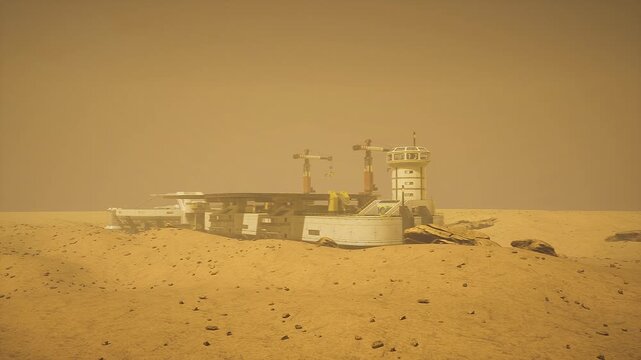Mars outpost on dusty plain, automated cranes assembling modular habitat units beside low dunes under ochre sky, remote supply depot with solar panels
