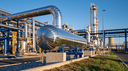 Fototapeta premium Wide cinematic view of a modern gas processing plant in dominant cool blue tones, an intricate network of stainless steel pipes, pressure vessels, distillation columns and industrial machinery, sunl