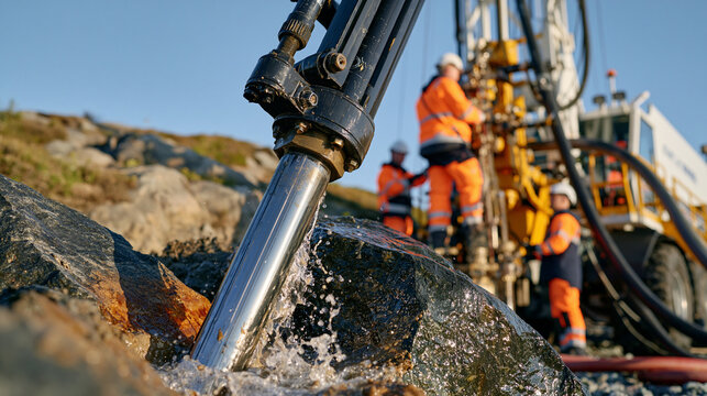Action shot of a modern oil drilling rig operating in a remote rocky landscape, rotating drilling equipment penetrating deep geological layers, workers inspecting pipes and machinery, muddy drilling