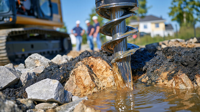 Close action shot of a large industrial drilling machine forcing its rotating drill into rocky underground layers, broken stones and dark wet soil displaced around the borehole, brown muddy water su