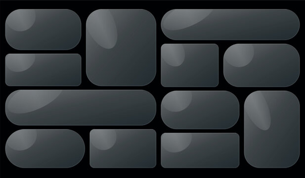 Futuristic dark glassmorphism smartphone widget collection, 3D sleek black liquid glass UI panels, glossy dark mode mobile application buttons, modern rounded geometric web frame elements, luxury shin