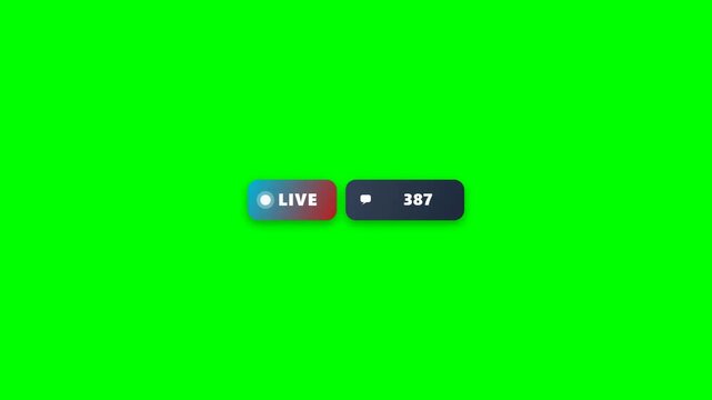 Live stream comment counter animation. Social media broadcast alert. Online streaming engagement overlay. Live badge chat indicator. Green screen chroma key. Lower third badge button. Video creator UI