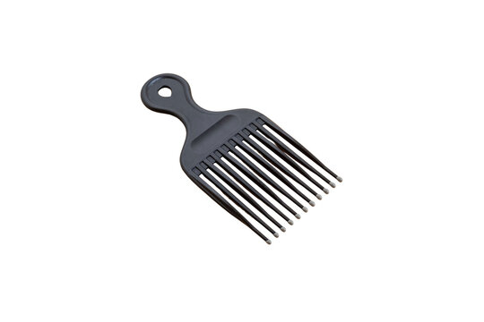 Dark grey hair pick with long teeth viewed at an angle on white