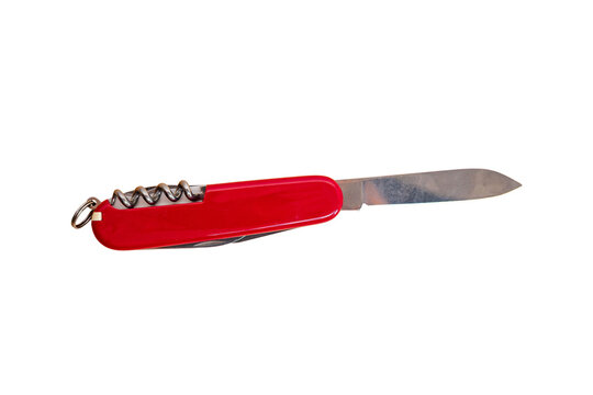 Red pocket knife with open blade and corkscrew shown from the side
