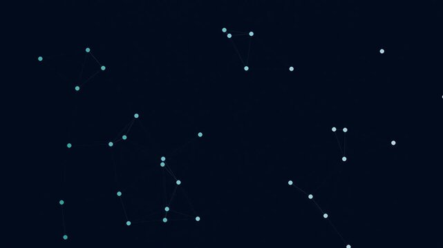 Seamless loop: animated plexus network with glowing cyan nodes connecting across dark space. Ethereal aurora-like particles form organic web patterns. Tech-inspired data visualization.
