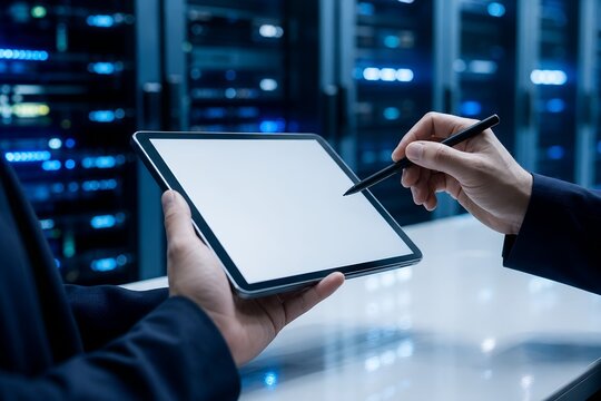 IT Engineer Pointing at Blank Tablet Screen in Server Room