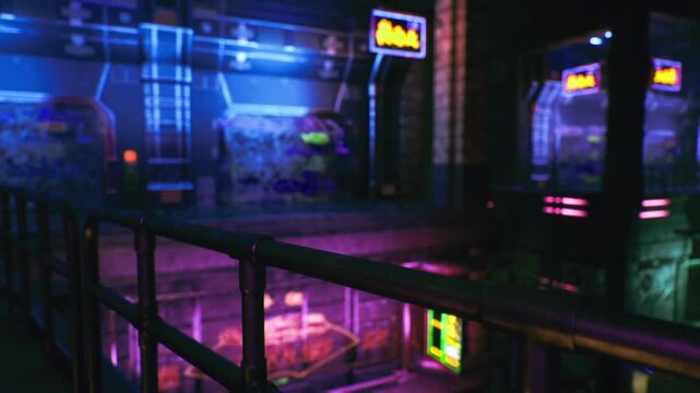 Neonlit overpass seoul with skyline glimpses. Layered lights in blue and violet, sturdy railing foreground, reflective surfaces below, perfect for editorial