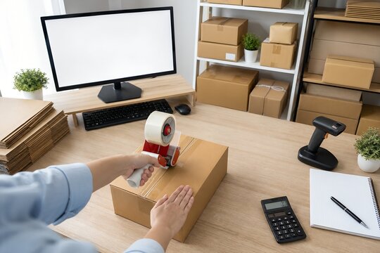 Person Taping Parcel Box at E-Commerce Fulfillment Workspace
