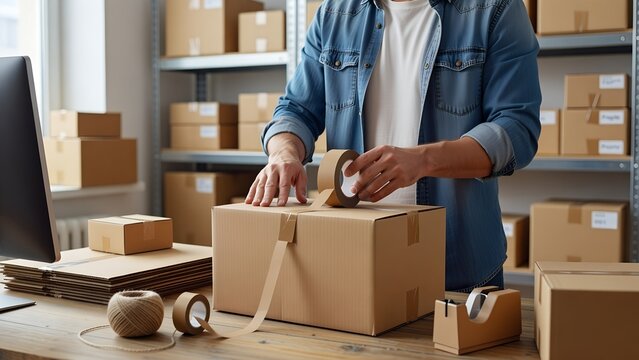 Small Business Owner Packing Box with Brown Tape for Shipping