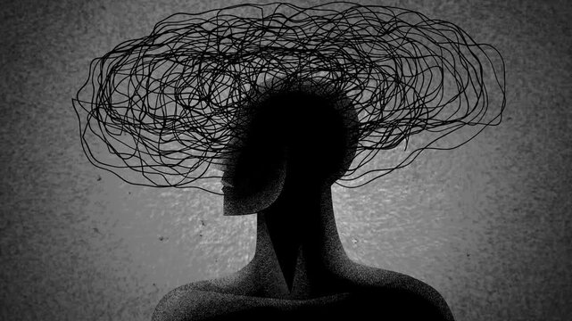 silhouette of person with a tangled mass of thought threads