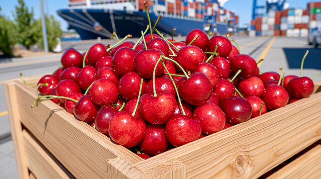 Fresh cherries overflowing from a wooden crate on a port loading platform, large container vessel in the background, stacks of shipping containers softened by shallow depth of field, glossy fruit il