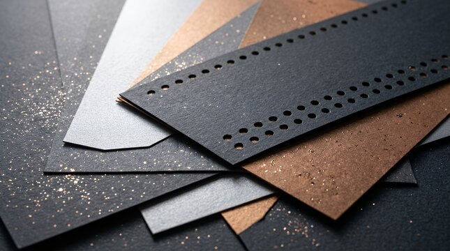 Premium and sophisticated overlapping sheets backdrop enhanced with shimmering metallic sparkles. Authentic circular dot sequences on a rich tactile surface ideal for component layout styling and