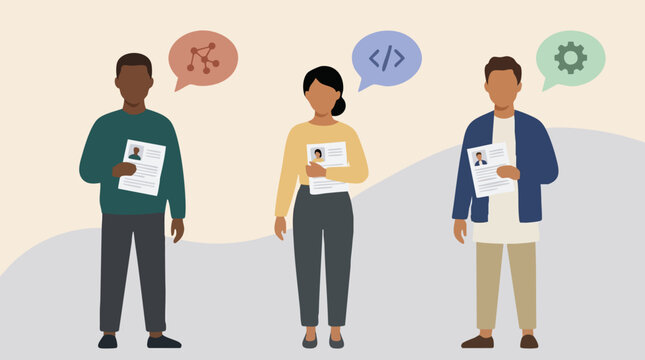 Diverse Job Candidates with Resumes and Skill Set Icons