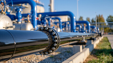 Fototapeta premium Ground level view through a dense network of industrial pipelines at a modern natural gas processing facility, cool blue color palette dominating the machinery and structural elements, sunlight refl