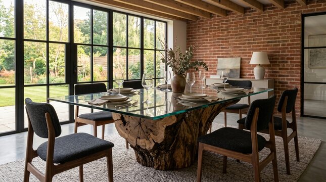 Luxury statement dining table with massive raw tree trunk base and glass top.