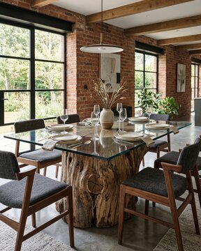 Luxury statement dining table with massive raw tree trunk base and glass top.