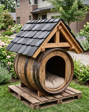 Dog House Made from a Reclaimed Barrel with Recycled Tire Roof.