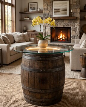 Coffee table made from a repurposed wooden barrel with LED lighting.