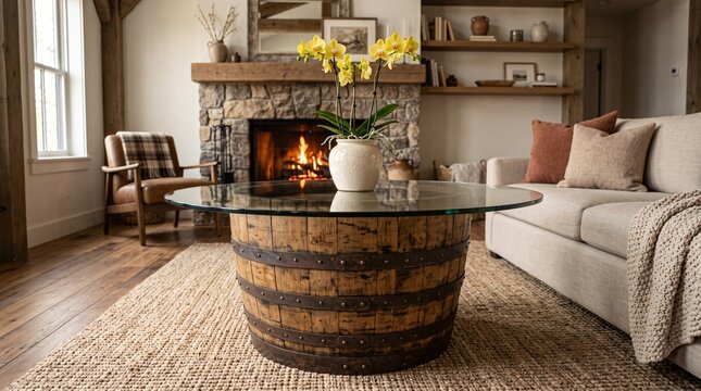 Coffee Table Made from a Reclaimed Wooden Barrel.