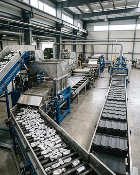 Transforming aluminum cans into roof tiles in a factory.