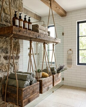 Rustic bathroom with floating shelf, rope-suspended crates, and reclaimed wood.