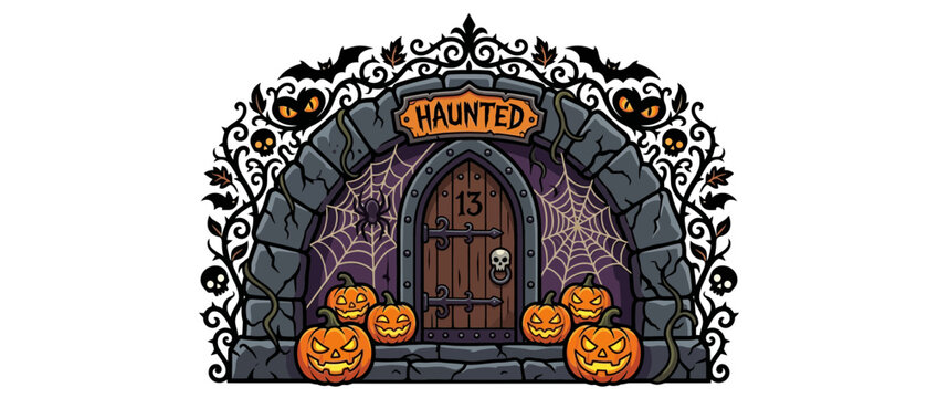 Cartoon Haunted House Entrance with Pumpkins and Cobwebs
