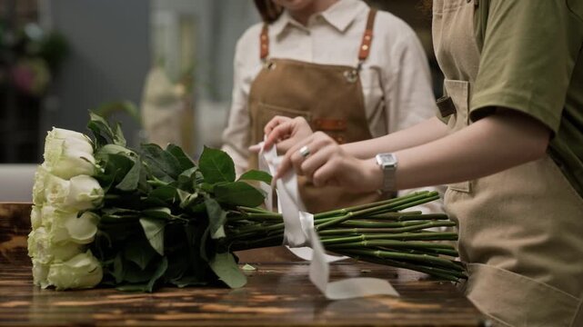 Young adult Caucasian female florists tying ribbon around bouquet of fresh roses on wooden table. Footage is suitable for flower delivery services and floristry workshops