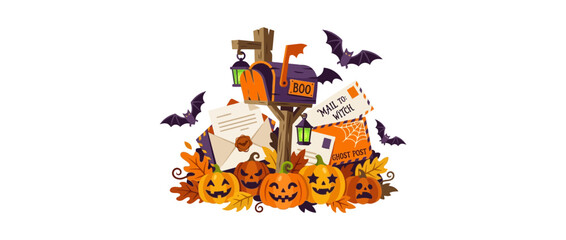 Fototapeta premium Halloween Mailbox Surrounded by Jack-o-lanterns and Bats