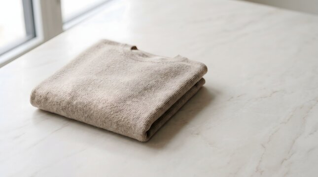 Folded oatmeal cashmere sweater on pale marble surface, quiet luxury and understated elegance concept