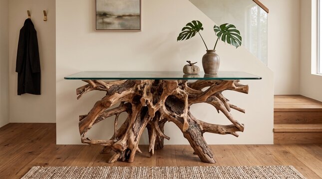 Sustainable Console Table Made with Reclaimed Tree Roots and Glass.