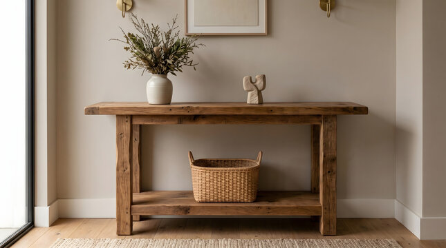 Sustainable Console Table Made from Reclaimed Demolition Wood.