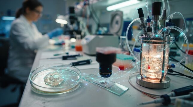 AI biotechnology lab with petri dish, microscope slide, bioreactor vessel, and neural network data lines
