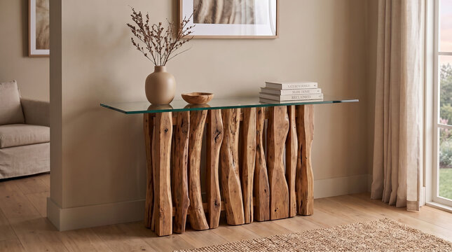 Sustainable Console Table Made from Reclaimed Wood and Glass.