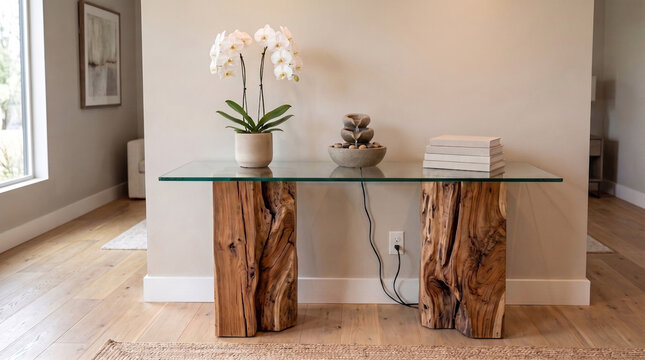 Sustainable Console Table Made from Reclaimed Wood with Glass Top.