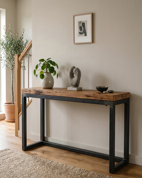 Sustainable Console Table Made from Reclaimed Wood and Recycled Metal.