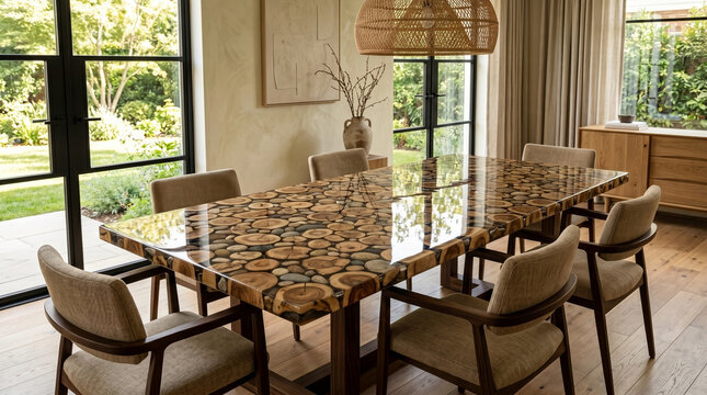 Sustainable Dining Table Made with Reclaimed Wood, Stones and Resin.
