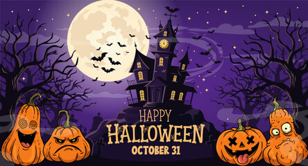 Fototapeta premium Happy Halloween banner with haunted house, moon and funny pumpkins