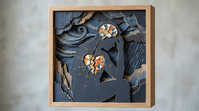Emotional Well-being Layered Art with Melancholy Silhouette and Fractured Core. Layered cardboard art composition portraying a melancholy human outline accompanied by a fractured core and dark
