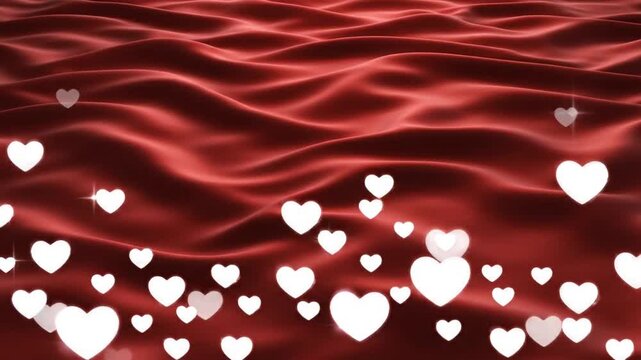 White hearts on wavy red silk fabric background
