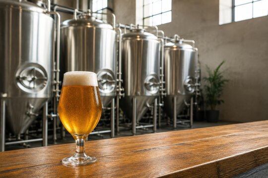 Golden Beer Glass in Modern Microbrewery with Stainless Steel Tanks